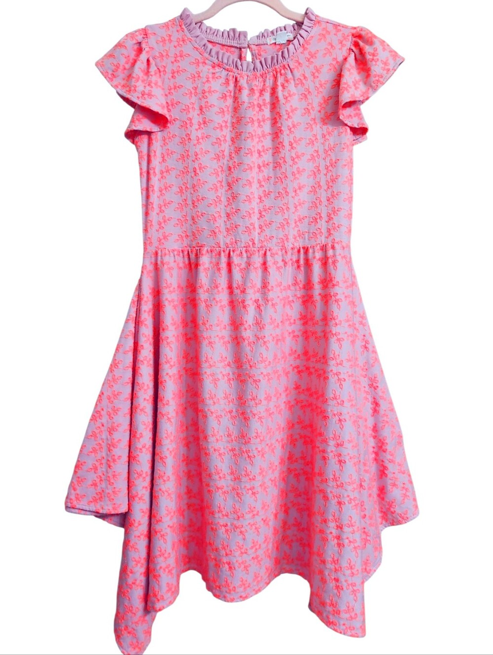 Crewcuts Embroidered Floral Eyelet Flutter Sleeve Asymmetical Hem Dress 12